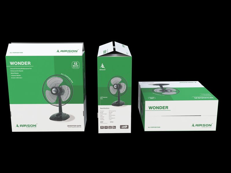 Airson Wonder fan box green variant showing specifications and trade declaration panel