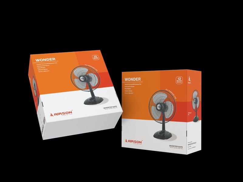 Airson Wonder table fan retail packaging with brand colour blocking