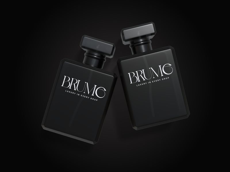 Brume perfume brand identity — typographic wordmark on black bottles