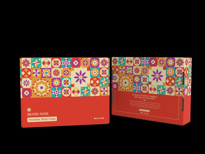 Festive dried-fruit gift box with geometric tile pattern — white-label design