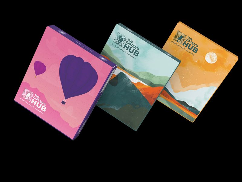 The Gifter's Hub handicraft frame packaging series — three art directions on one keyline