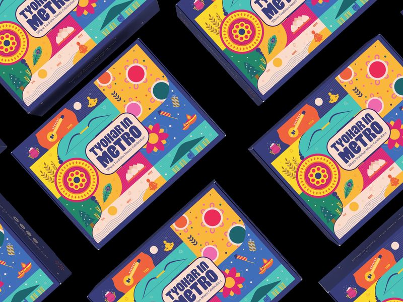 Tyohar in Metro boxes repeating as a pattern — modular festival illustration system